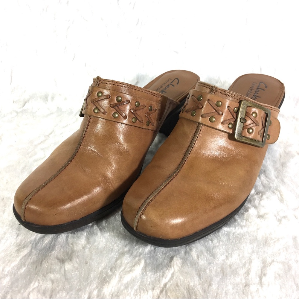 Clarks Mules Womens 9 M Brown Leather